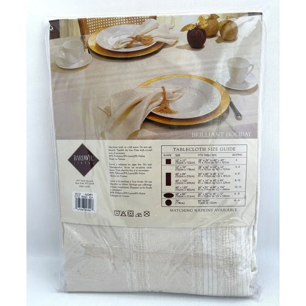 White Gold Stripe Round Tablecloth Bardwil Linens 70 Inch Brilliant Holiday NEW